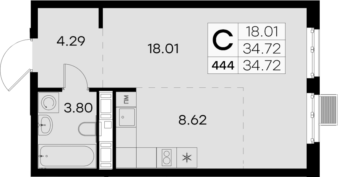 Квартира студия 34.72 м², 5/8 эт., ЖК «Glorax City Балтийская»